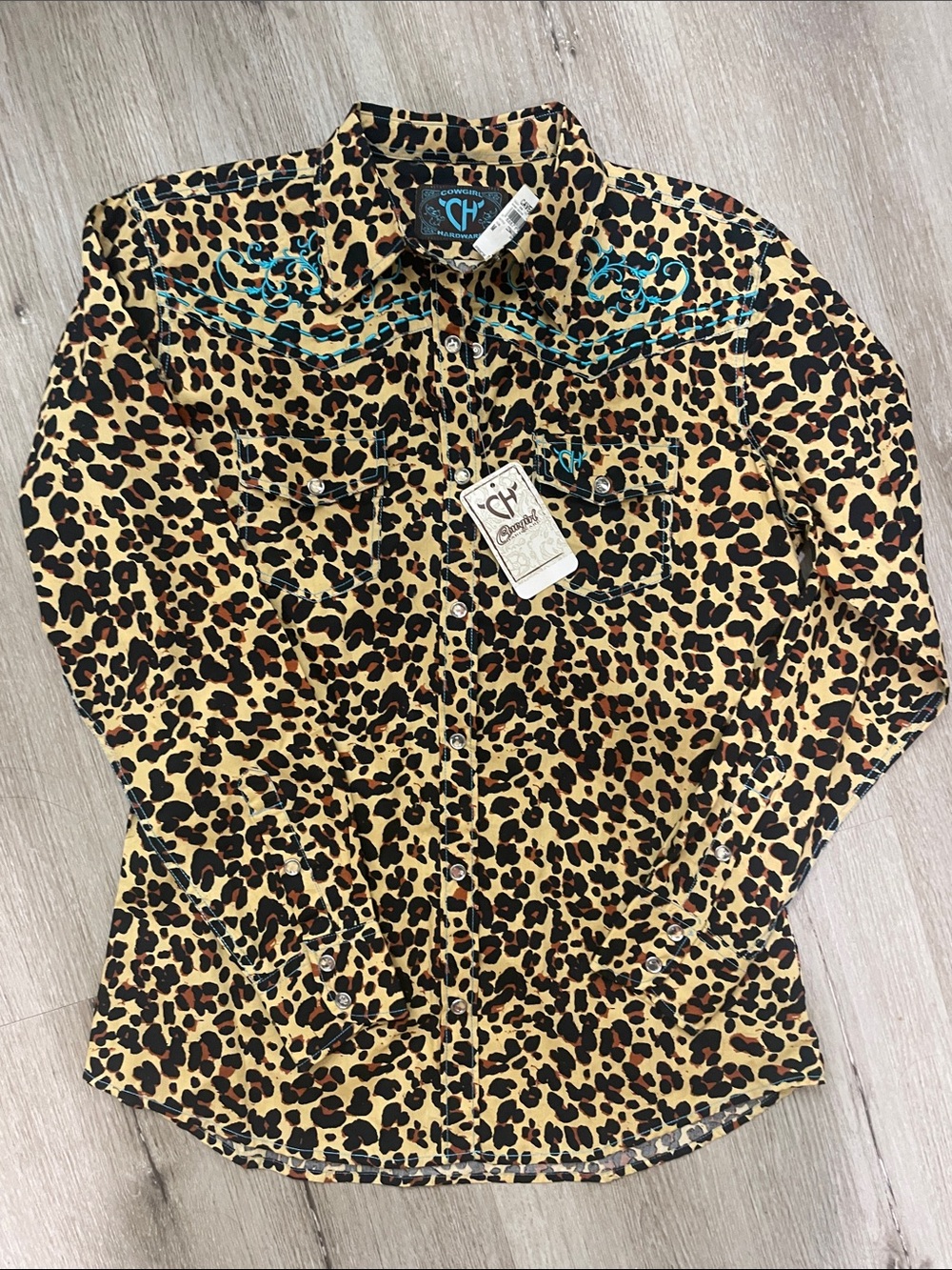 Leopard Print Button-Down Shirt with Turquoise Cross Detail | Size Medium